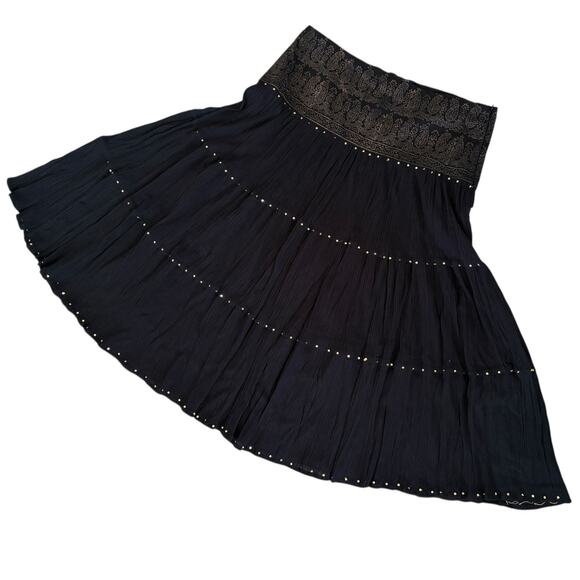 VTG 90s Whimsigoth Boho Black Maxi Skirt Gold Peasant Cotton Hippie Festival XL - Picture 2 of 7